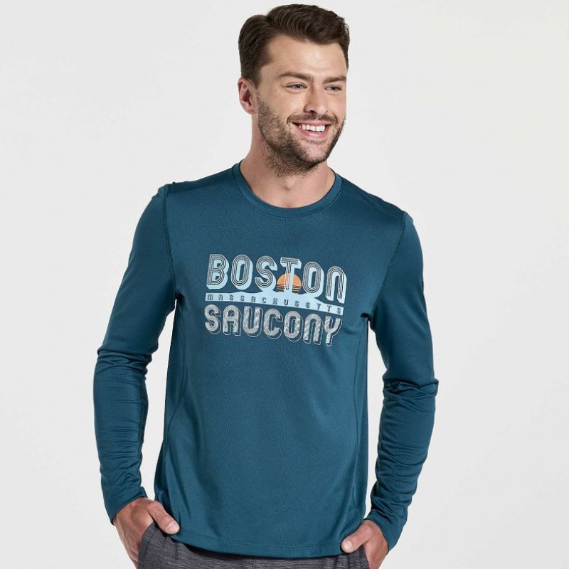 Saucony Stopwatch Graphic Long Sleeve T-Shirt Herren Blau | SCHWEIZ TQOBS